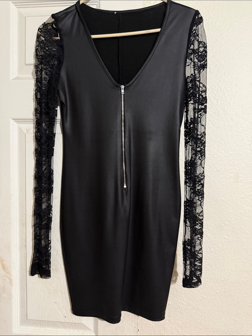 Faux Leather Black Bodycon Dress with Lace Long Sleeves